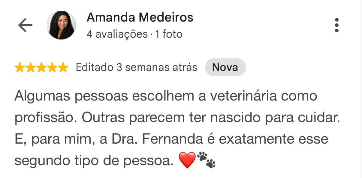 Print da avaliação de Amanda Medeiros no Google para o Centro Veterinário Alfa