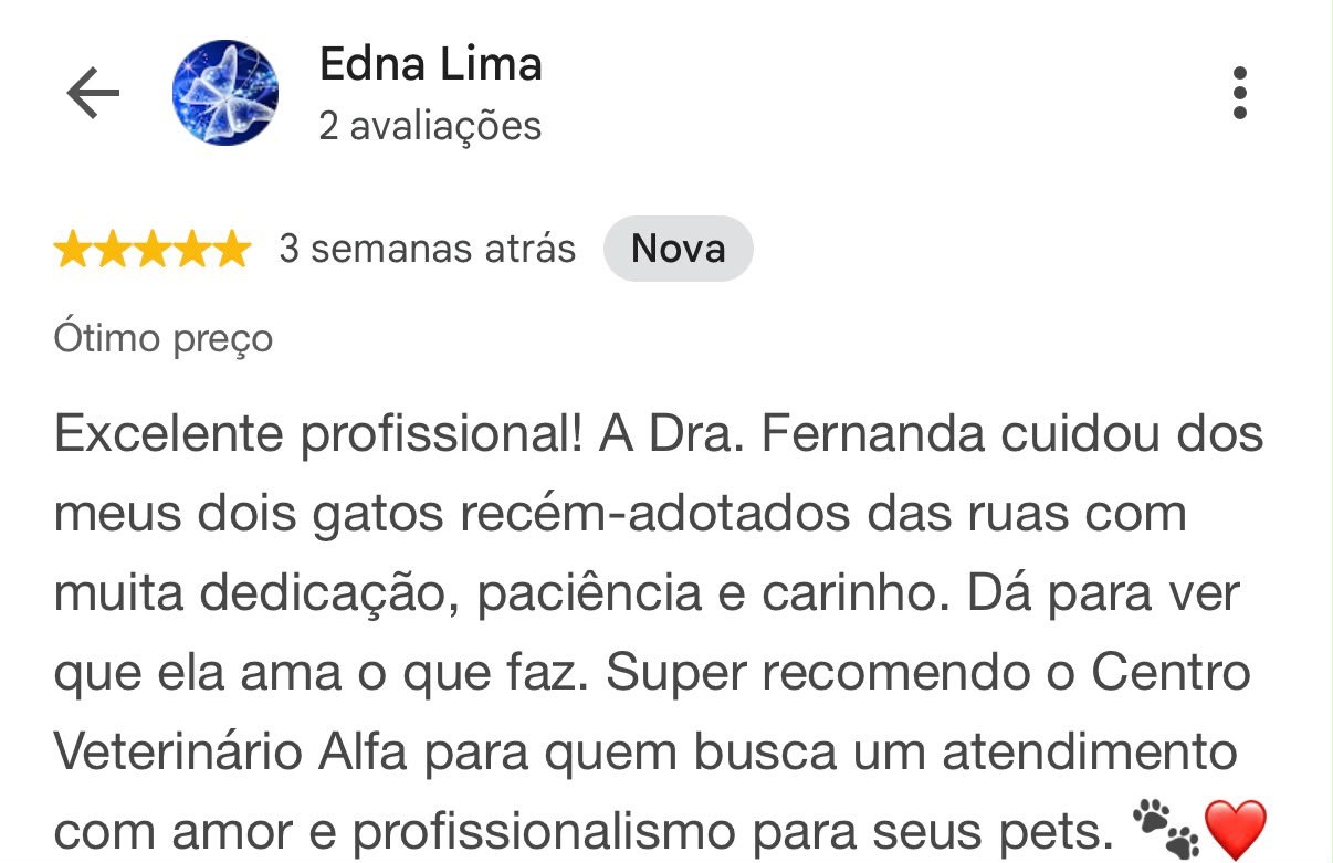 Print da avaliação de Edna Lima no Google para o Centro Veterinário Alfa