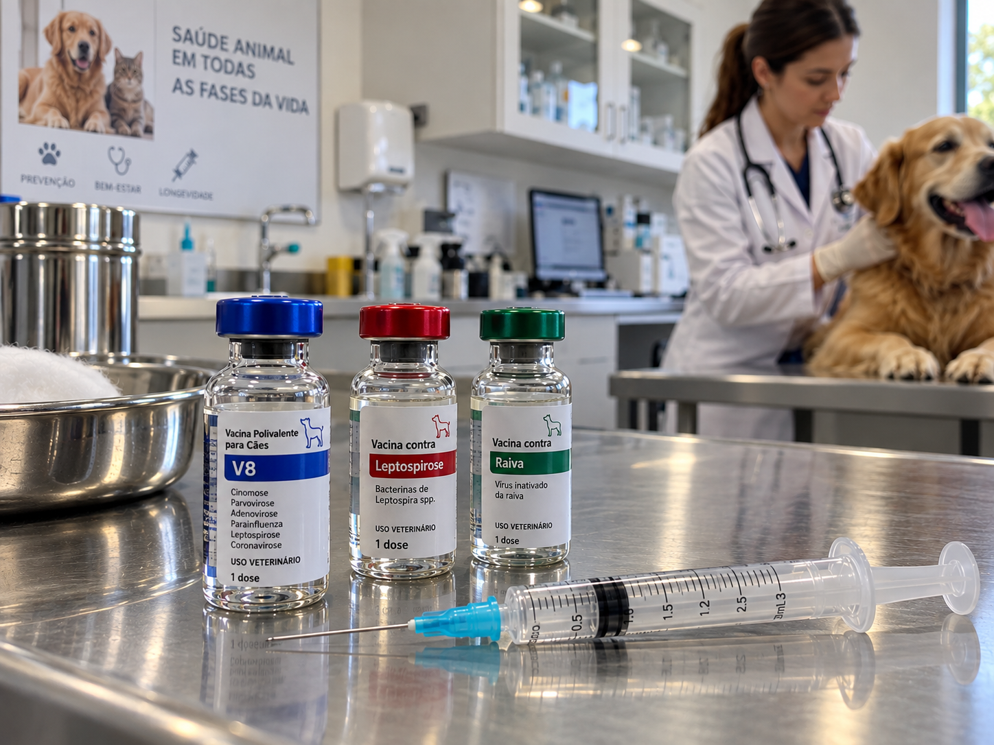 Frascos de medicamentos veterinários sobre a bancada do Centro Veterinário Alfa