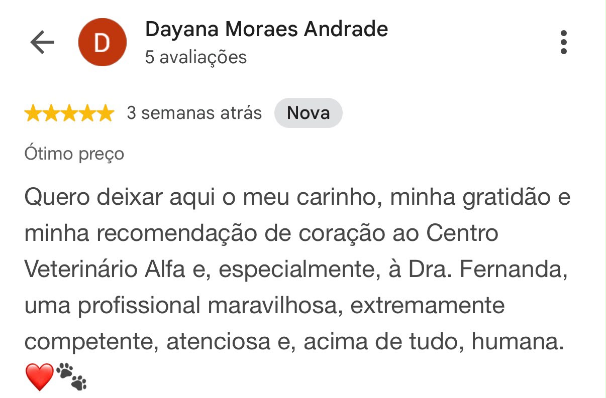 Print da avaliação de Dayana Moraes Andrade no Google para o Centro Veterinário Alfa